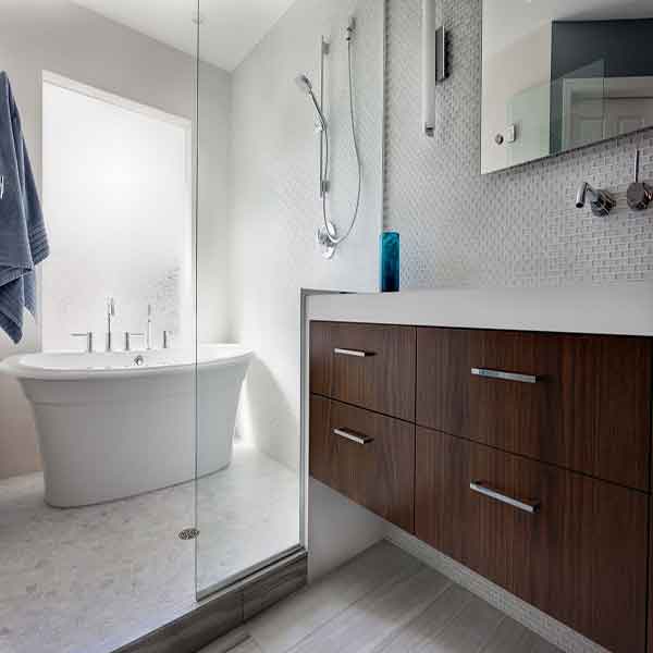 A floating vanity with floating faucets